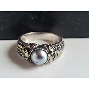 925 Sterling Silver Faux Pearl Marcasite Ring Vintage, SIZE US 7, READ